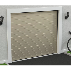 Beige motorized sectional garage door