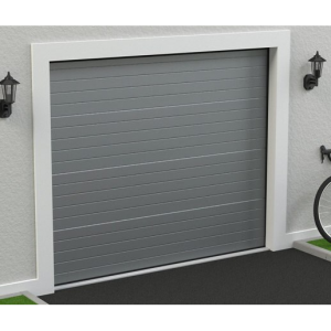Grey motorized sectional garage door