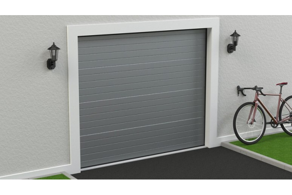 Grey motorized sectional garage door